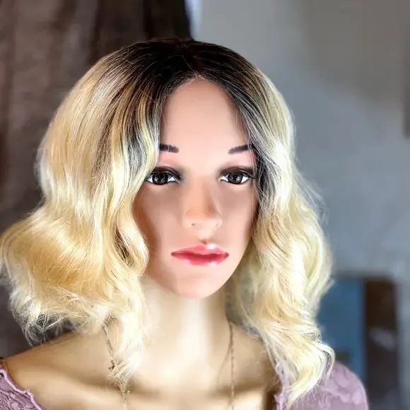 Blonde Ombre Wig Dark Roots Wavy - Picture 5 of 9